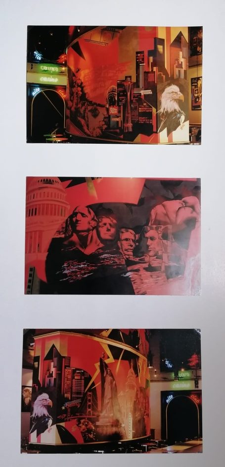 Drei künstlerische Bilder mit rot-orangenen Farbtönen und urbanen Motiven.